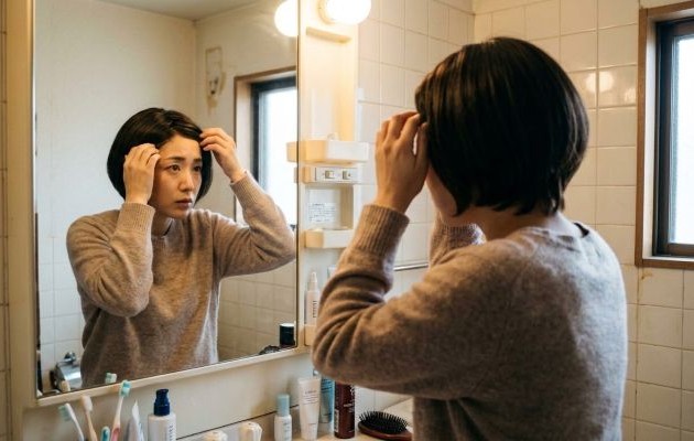 ウィッグがバレないか確認している女性
